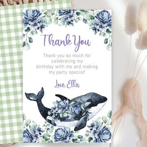 Modelo de cartão de agradecimento editável para baleia orca, cartão de agradecimento com orca e flores, oceano, obrigado, 4 x 6 polegadas, download instantâneo