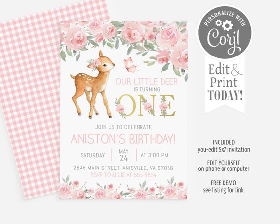 Our Little Deer Birthday Invitation, editable, turning one, turning first birthday, boho chic, edit with Corjl, instant download Il_570xn