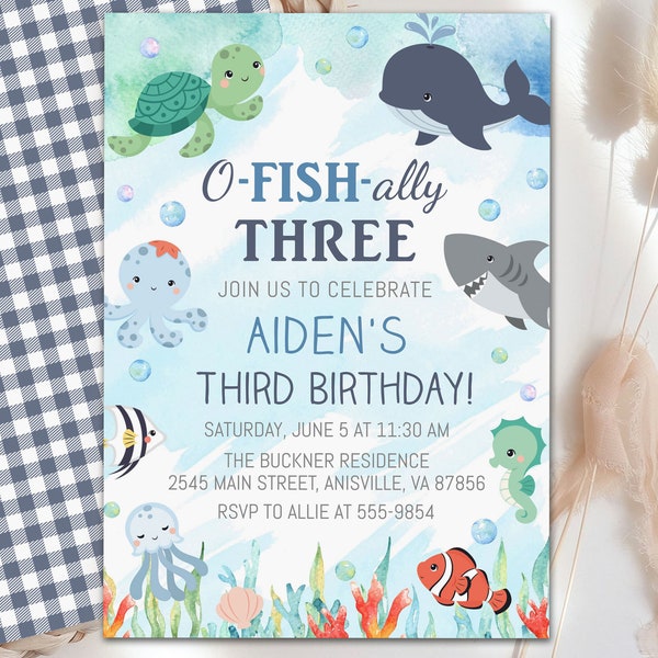 O-fish-ally Three Birthday Invitation, ocean animals, o fish ally boy, blue, editable, Third Birthday, Under the Sea invitation  CB1