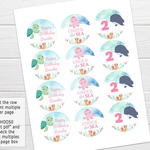 May include: Printable 2 inch round stickers with a watercolour background featuring an octopus, a whale, and a turtle. The stickers say "Happy Birthday Brinlee" and "Under the Sea".