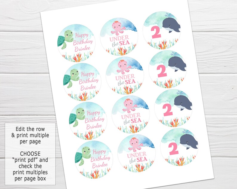 May include: Printable 2 inch round stickers with a watercolour background featuring an octopus, a whale, and a turtle. The stickers say "Happy Birthday Brinlee" and "Under the Sea".