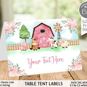 May include: Printable table tent labels featuring a watercolour illustration of a pink barn, farm animals, and flowers. The text "Your Text Here" is included on the label. Each tag measures 3.5 by 2.5 inches when folded.