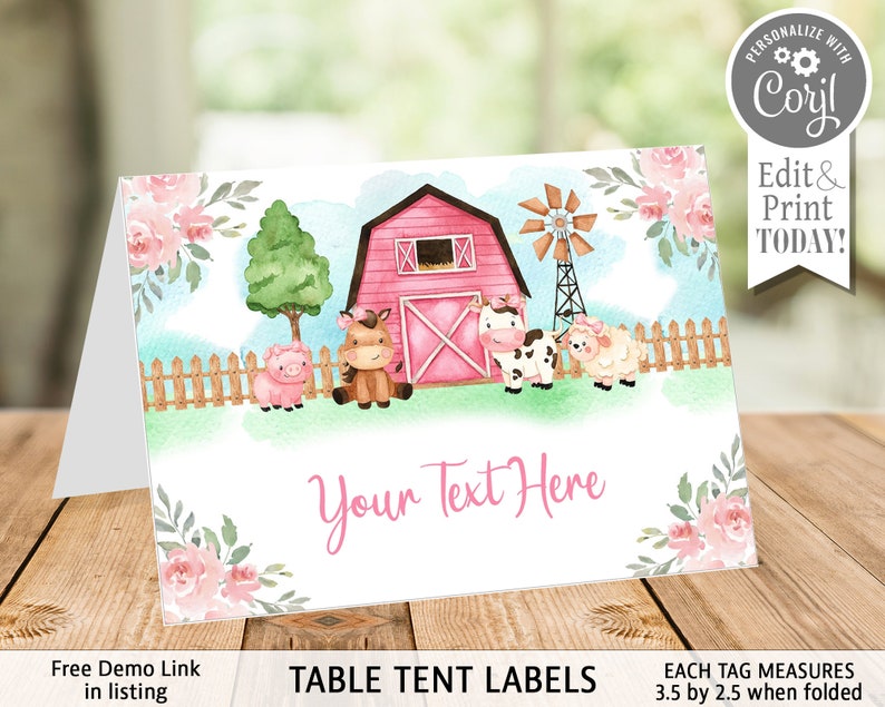 May include: Printable table tent labels featuring a watercolour illustration of a pink barn, farm animals, and flowers. The text "Your Text Here" is included on the label. Each tag measures 3.5 by 2.5 inches when folded.