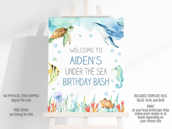 Ocean Animals Welcome Sign Template Sizes 8x10, 11x14, 16x20, Editable Blue Welcome Sign Digital File, Instant Download, Corjl Il_570xn