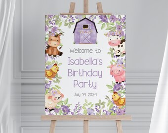 Bauernhof Tiere Geburtstag Willkommensschild, lila Blumen (Bearbeitbare Vorlage)