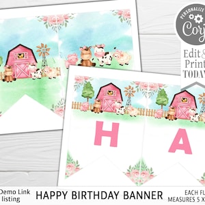 May include: Printable Happy Birthday banner featuring pink and green watercolour farm animals, a red barn, and a windmill. Each flag measures 5 x 7 inches. The banner reads "HAPPY BIRTHDAY".