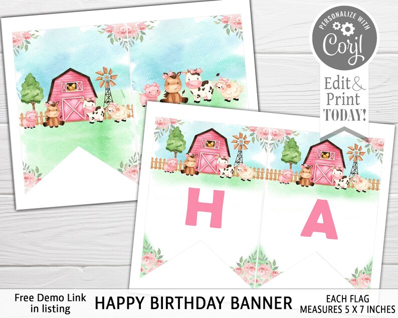 May include: Printable Happy Birthday banner featuring pink and green watercolour farm animals, a red barn, and a windmill. Each flag measures 5 x 7 inches. The banner reads "HAPPY BIRTHDAY".