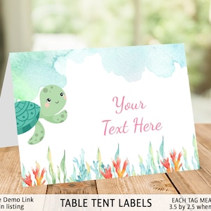 Ocean Animals Table Tent Label, turtle, whale, seahorse, fish, girl, boy, food label, editable table tent, instant download t - CG1