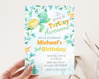 Turtle Birthday Invitation, editable, Turtley Awesome, Under the Sea invitation, turtle, edit with Corjl, instant download