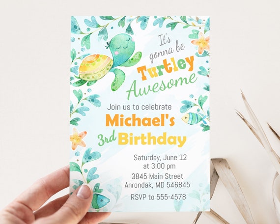 Turtle Birthday Invitation, editable, Turtley Awesome, Under the Sea invitation, turtle, edit with Corjl, instant download Il_570xn