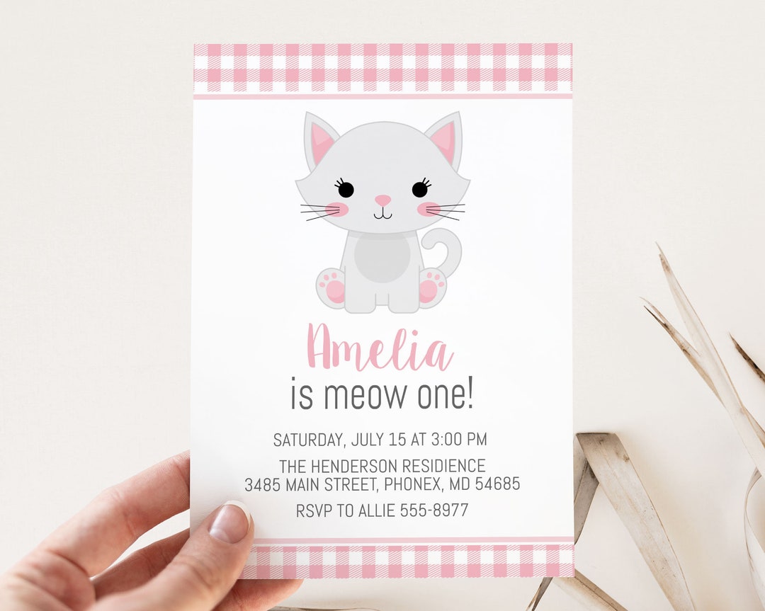 Cat Printable Birthday Invitation for Girl First Birthday Invitation ...