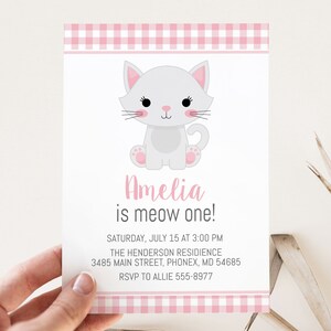 Cat Printable Birthday Invitation for girl first birthday invitation editable for any age, pink kitten gingham