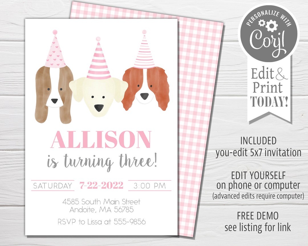 Puppy Birthday Invitation, Pink Dog Party Girl Birthday (editable ...