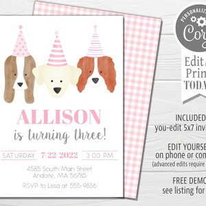 Puppy Birthday Invitation, pink, girl, self-edit, cute dog, turning one or any age birthday, boho chic, edit with Corjl, instant download