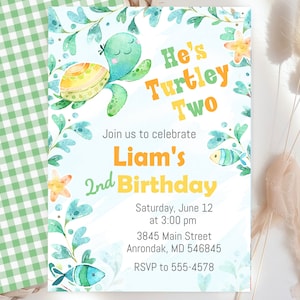 Turtle Birthday Invitation Template, editable, Turtley Two, Second Birthday Under the Sea invitation, turtle, edit with Corjl