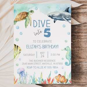 Dive Into Five Birthday Invitation, ocean animals, girl blue, boy, editable, turning five, edit with Corjl, instant download