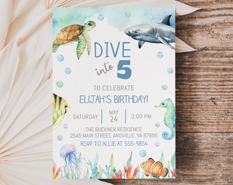 Dive Into Five Birthday Invitation, Ocean Animals, Editable Template (Digital Download)