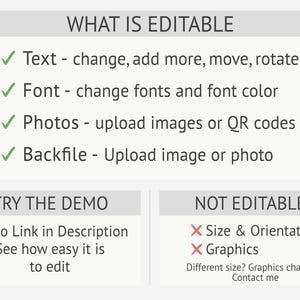 May include: A white graphic with the text "WHAT IS EDITABLE" and a list of editable features, including text, fonts, photos, and backfiles. The graphic also lists what is not editable, such as size, orientation, and graphics.