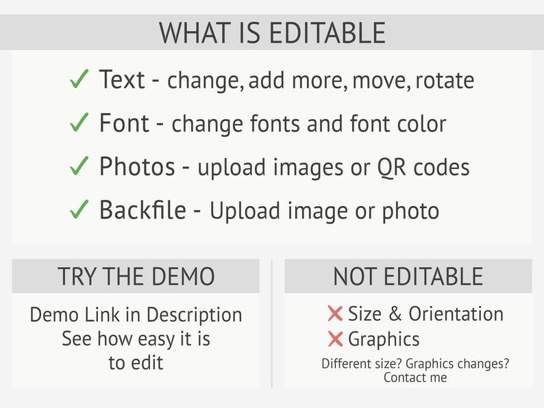 May include: A white graphic with the text "WHAT IS EDITABLE" and a list of editable features, including text, fonts, photos, and backfiles. The graphic also lists what is not editable, such as size, orientation, and graphics.