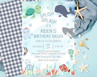 Inbjudan till havsfödelsedag, Splish Splash Bash, sköldpadda, val (redigerbar, direkt nedladdning)
