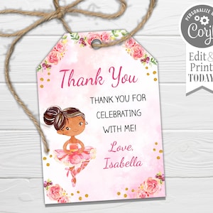Ballet Favor Tags, Editable, Ballerina Birthday Hang Tag, Thank you tag, edit with CORJL, instant download