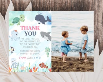 Ocean Animals Photo Thank You Card, Pink Blue Sea Theme, Editable (Digital Download)