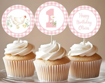 Chicken Pink Gingham Cupcake Toppers Editable Circle, instant download #017