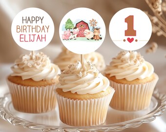 Farm Birthday Cupcake Toppers, Barnyard First Birthday Editable (Instant Download)
