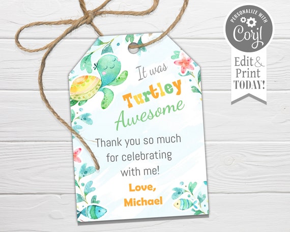 Turtle Favor Tags Template, Editable, Cute Turtle Birthday Hang Tag, Thank you tag, edit with CORJL, instant download Il_570xn