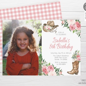 May include: A pink and white gingham background with a white invitation card. The card has a watercolor illustration of pink flowers and a cowboy hat. The text on the card reads "Join us to celebrate Isabella's 8th Birthday. Saturday, July 15 at 3:00 pm. The Colburn Residence. 2545 Main Street. Ashville, VA 87856. RSVP to Annabeth at 555-9854."