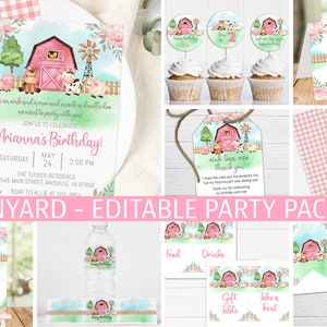 May include: Editable party package featuring a pink and green watercolour barn theme. Includes invitations, thank you tags, cupcake toppers, food and drink signs, a welcome sign, a water bottle label, and a banner with the letters "H" and "A".