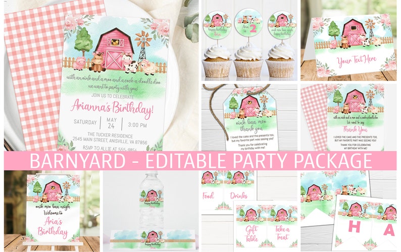May include: Editable party package featuring a pink and green watercolour barn theme. Includes invitations, thank you tags, cupcake toppers, food and drink signs, a welcome sign, a water bottle label, and a banner with the letters "H" and "A".