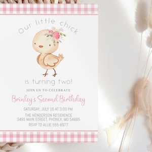 Chicken Birthday Invitation template, baby chick with flowers girl, editable, farm invite turning two or any age, this little chick pink