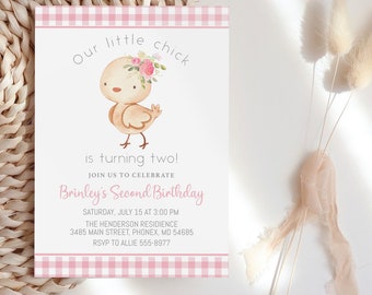 Chicken Birthday Invitation template, baby chick with flowers girl, editable, farm invite turning two or any age, this little chick pink