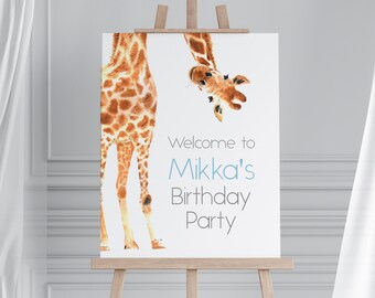 Giraffe Birthday Welcome Sign Template, Blue Floral (Digital Download)