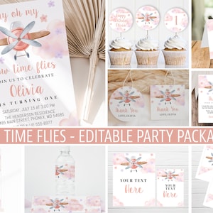 Airplane Party Package, How Time Flies Party Bundle, First Birthday, girl, pink, editable plane #GPL1