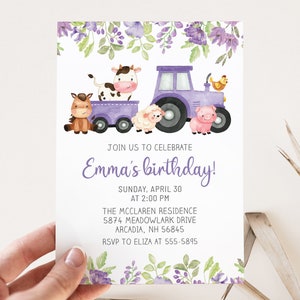 May include: Purple birthday invitation with a watercolor illustration of a purple tractor pulling a wagon with farm animals. The text reads "Join us to celebrate Emma's birthday! Sunday, April 30 at 2:00 PM. The McClaren Residence 5874 Meadowlark Drive Arcadia, NH 56845 RSVP to Eliza at 555-5895"