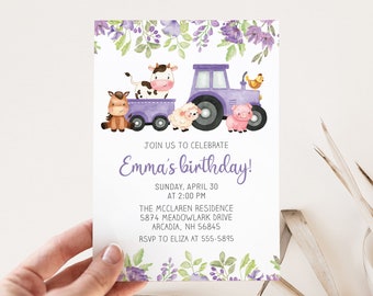 Convite de aniversário para menina com tema de animais da fazenda, trator roxo, editável (download instantâneo)