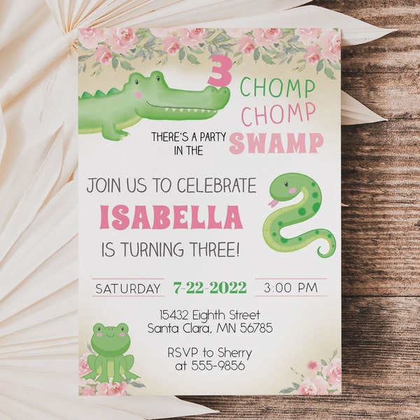 Reptile Party Birthday Invitation, pink flowers, editable invite, chomp chomp, party in the swamp, edit any age, girl, Corjl, instant file