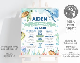 Plantilla editable para letrero de cumpleaños con temática oceánica: Tortuga marina, ballena (descarga digital) D201