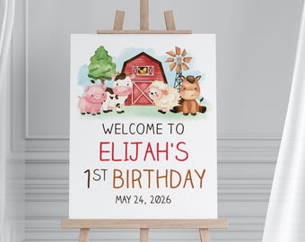 Farm Animals 1st Birthday Welcome Sign: Editable Barnyard Party Decor (Digital Download)