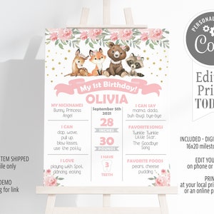 Milestone Poster Printable Template Woodland Animals Girl Forest Milestone Sign 16x20 Birthday Milestone Girl Forest Milestone Instant