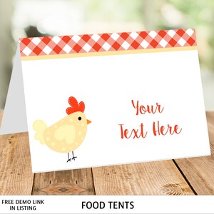 Może przedstawiać: Namiot na jedzenie w kratkę czerwoną i białą z ilustracją ż&oacute;łtego kurczaka i tekstem "Your Text Here".