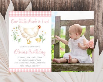 Pink Gingham Chicken Birthday Invitation, Little Chick Photo Invite (Digital Download)
