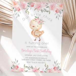 Little Chick Birthday Invitation template, baby chicken with flowers girl, farm invite turning one or any age, our little chick pink