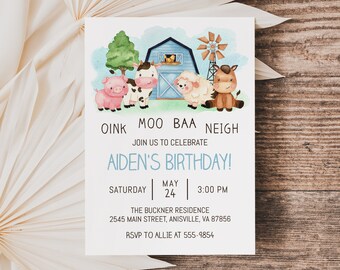 Farm Animals Birthday Invitation Template, Blue Barn (Digital Download)