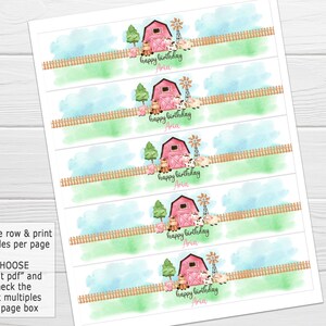 May include: Printable  water bottle labels featuring a pink barn, farm animals, and the text "happy birthday Aria". The labels are designed for a farm-themed party.