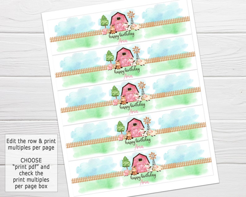 May include: Printable  water bottle labels featuring a pink barn, farm animals, and the text "happy birthday Aria". The labels are designed for a farm-themed party.
