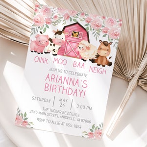 Pink Farm Animals Birthday Invitation Template, girl, flowers, editable, farm animals, barnyard animals, one two or any age, edit with Corjl