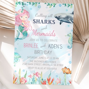 May include: A blue and pink birthday invitation featuring a mermaid and a shark. The invitation reads "Calling all Sharks and Mermaids" and "Join us to celebrate Brinlee and Aiden's Birthday". The invitation also includes the date, time, location, and RSVP details.